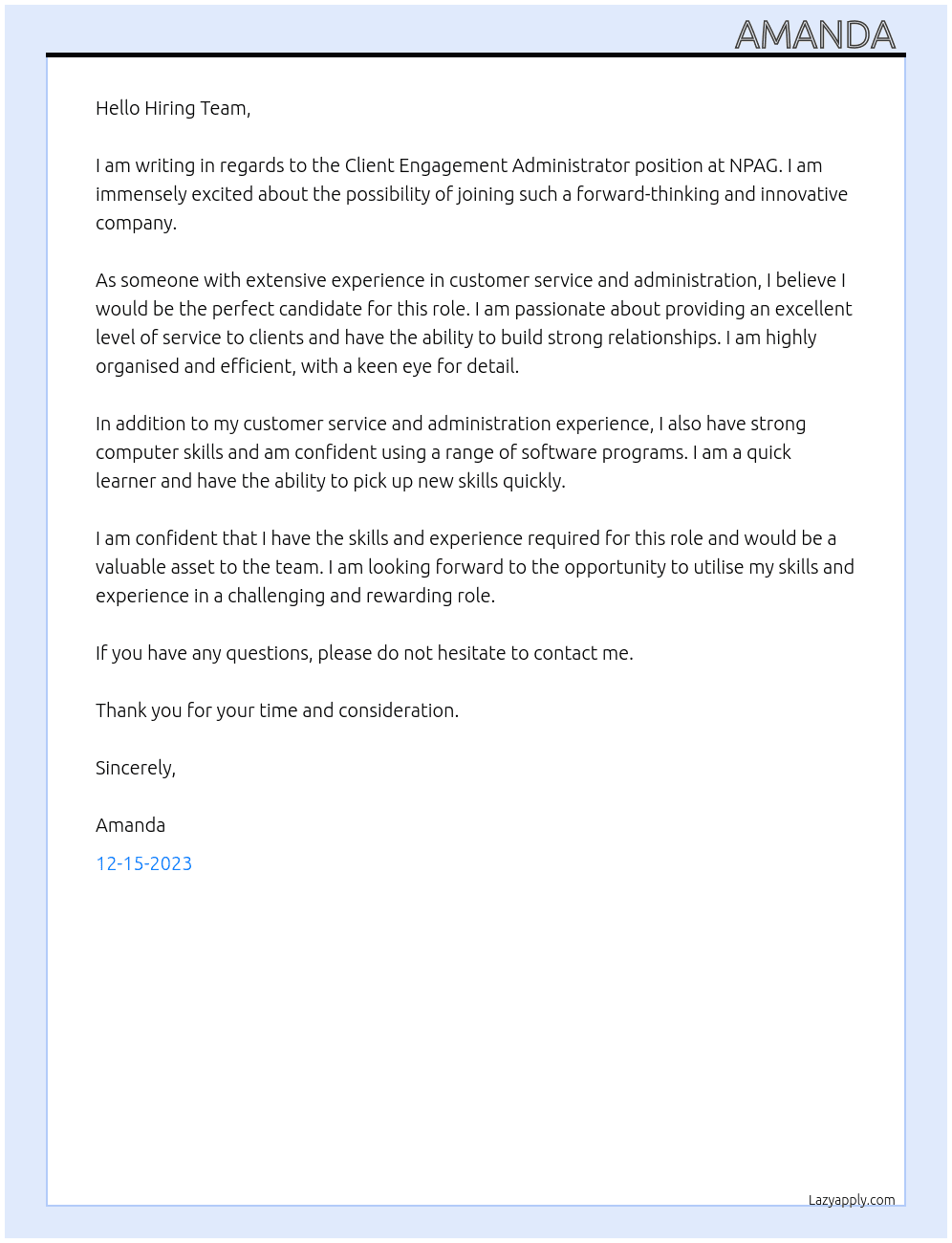 Client Engagement Administrator At NPAG Cover Letter