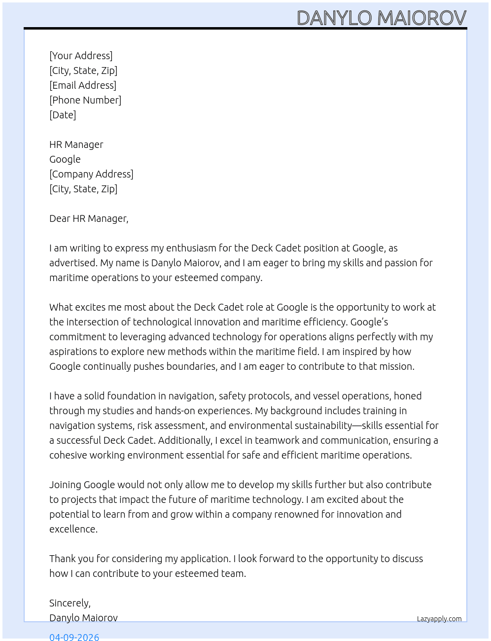 Deck Cadet At Google Cover Letter