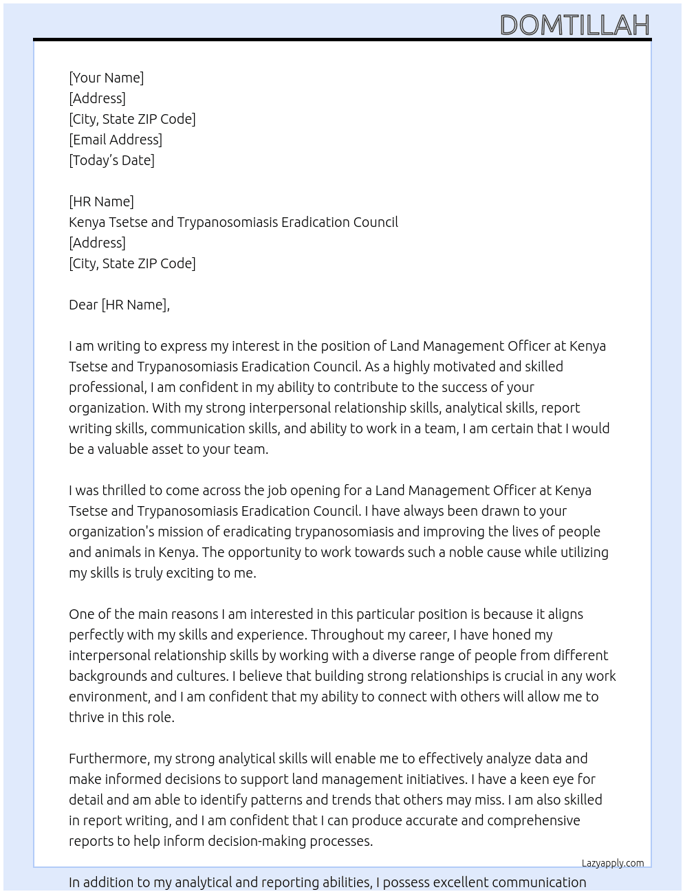 LAND MANAGEMENT OFFICER At KENYA TSETSE AND TRYPANOSOMIASIS ERADICATION COUNCIL  Cover Letter