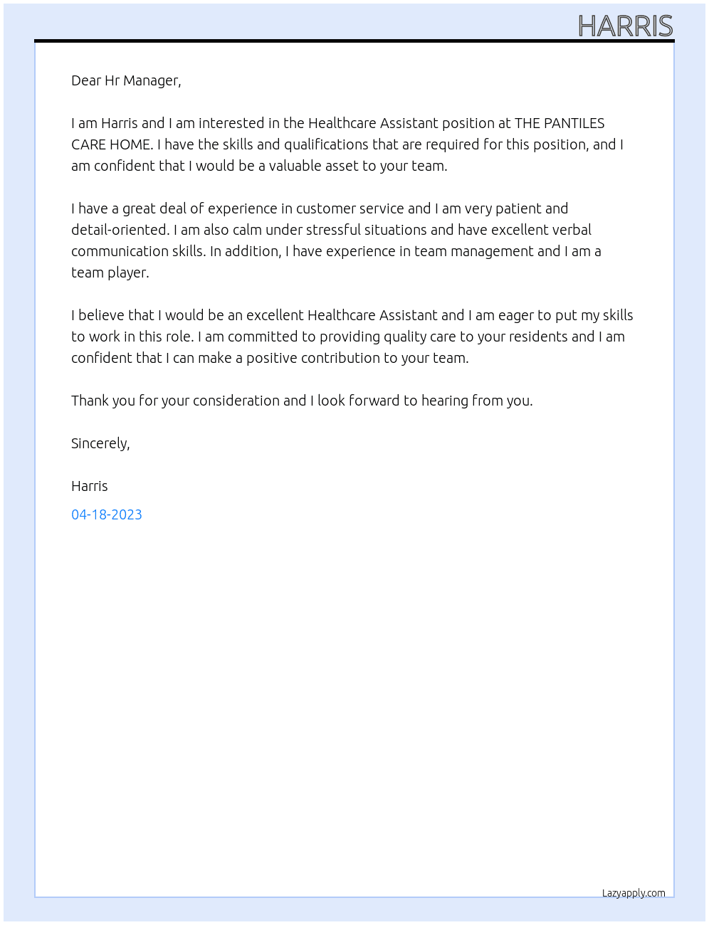 Healthcare Assistant At THE PANTILES CARE HOME Cover Letter