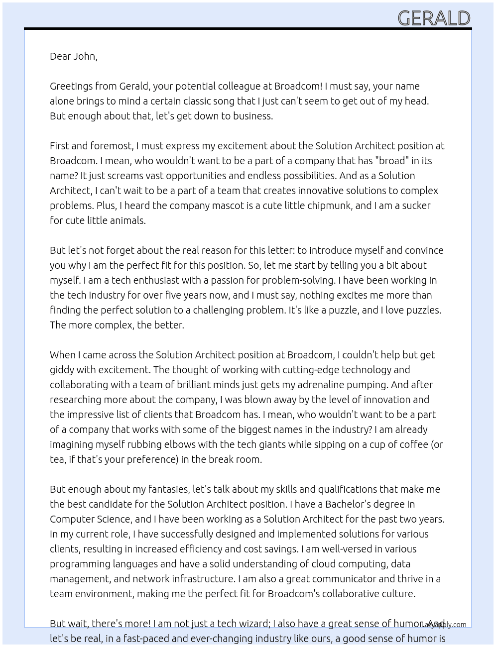 Solution architect At broadcom Cover Letter