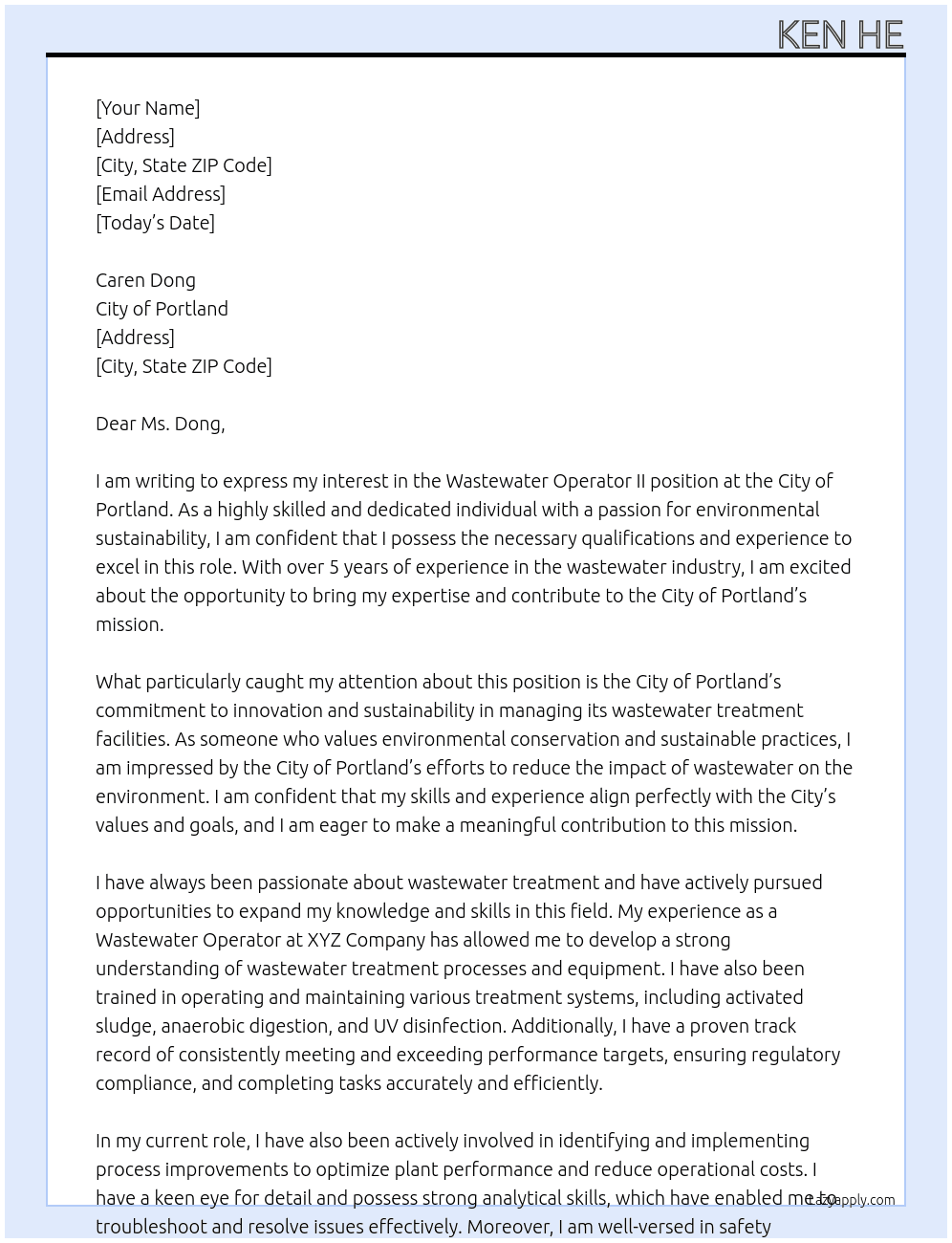 Wastewater Operator II At City of Portland Cover Letter