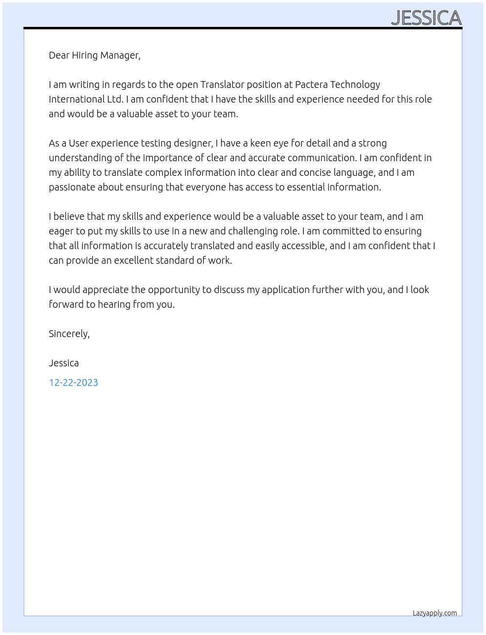 Translator At Pactera Technology International Ltd. Cover Letter