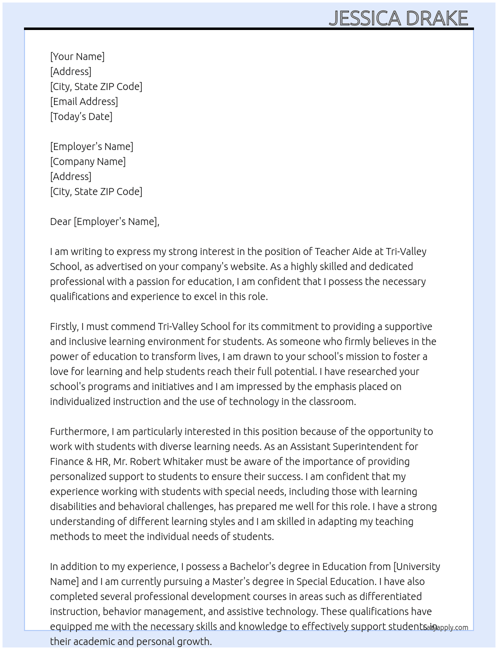 Teacher Aide At Tri-Valley School Cover Letter