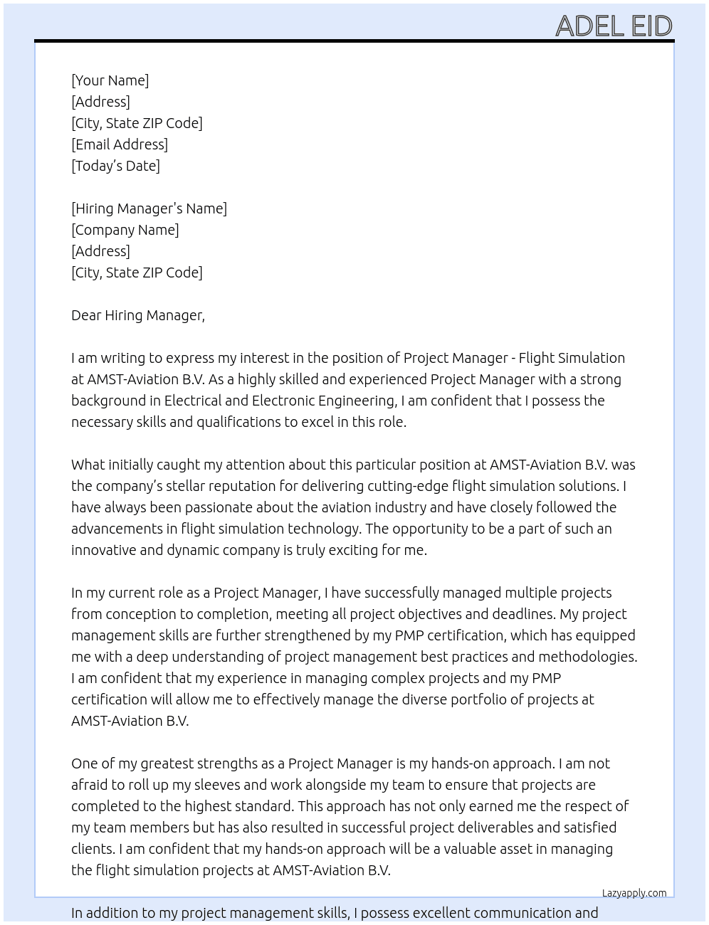 Project Manager - Flight Simulation At AMST-Aviation B.V. Cover Letter