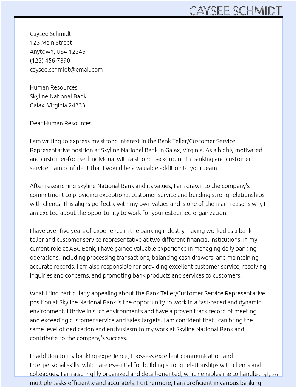 ank Teller/Customer Service Representative At Skyline National Bank Cover Letter