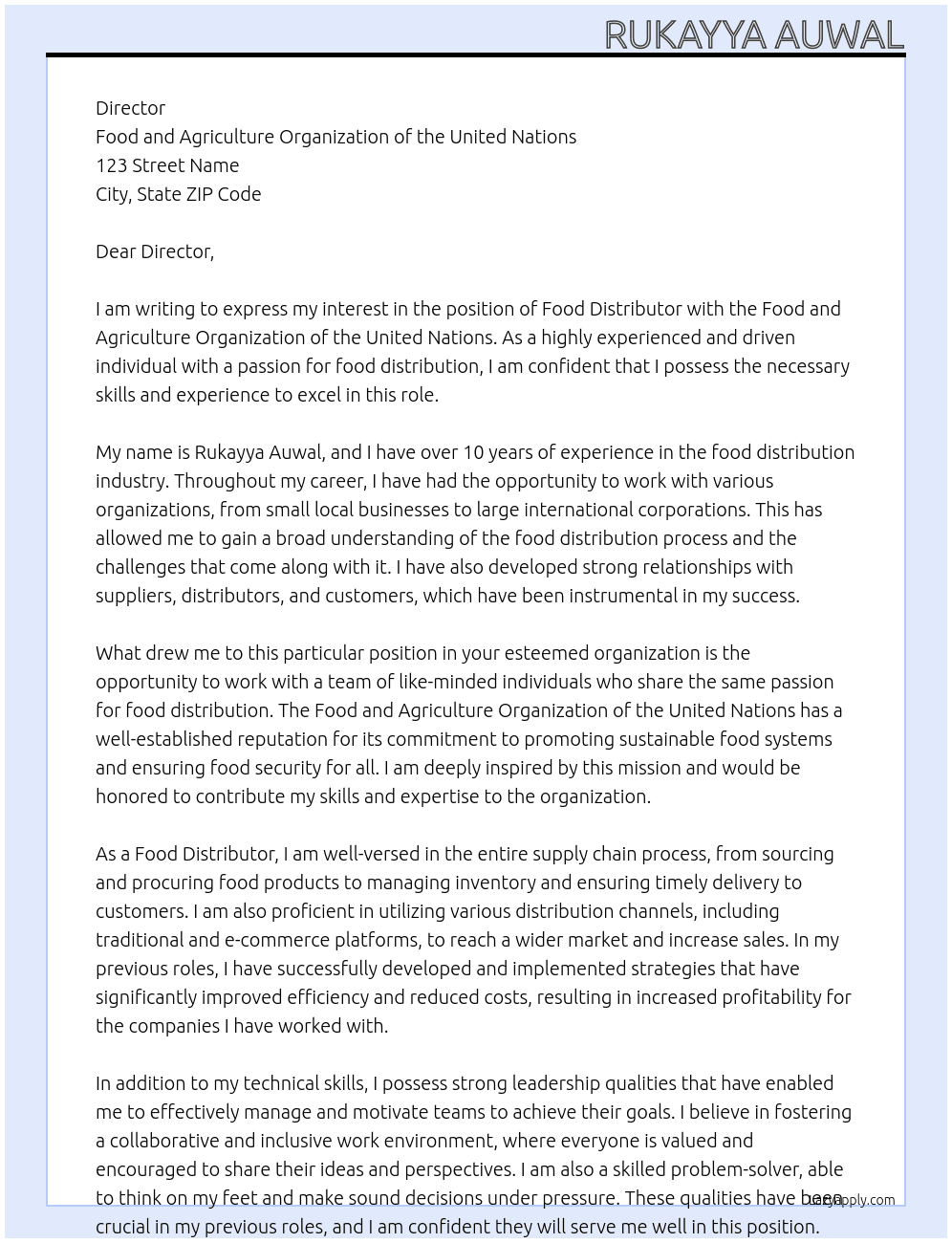 Food distributor At Food and agriculture organization of the united nation Cover Letter