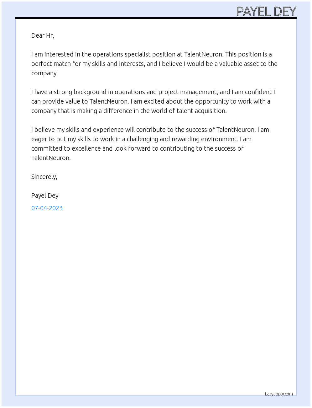 operations specialist At TalentNeuron Cover Letter