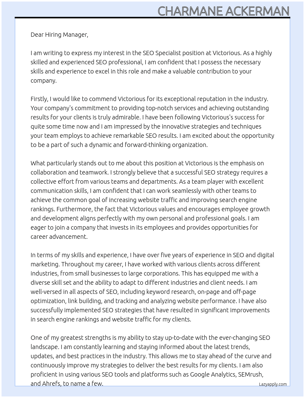 SEO Specialist At Victorious Cover Letter