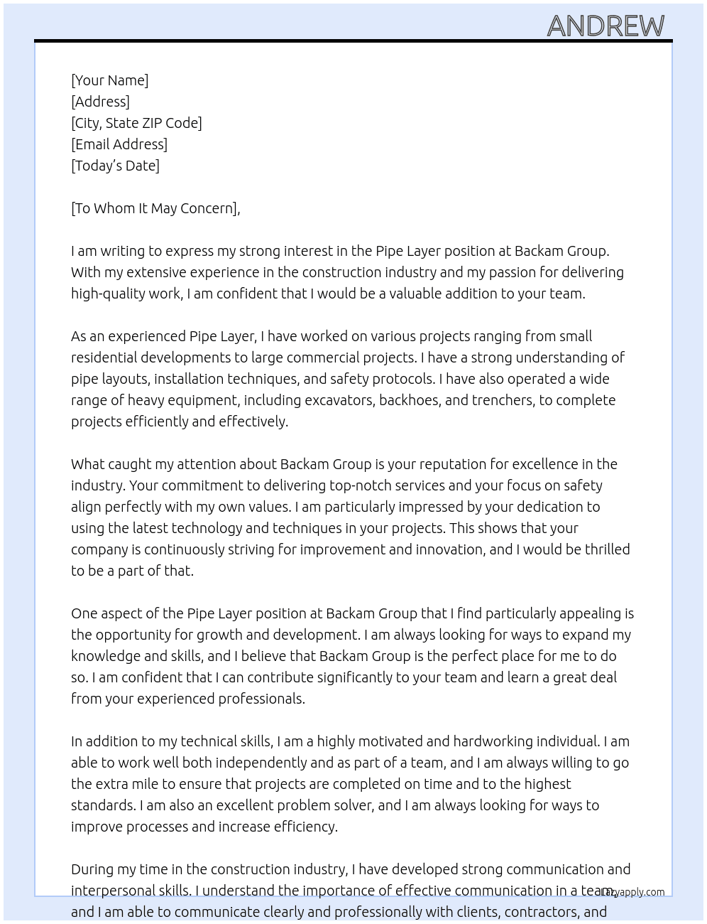 Pipe layer At Backam group Cover Letter
