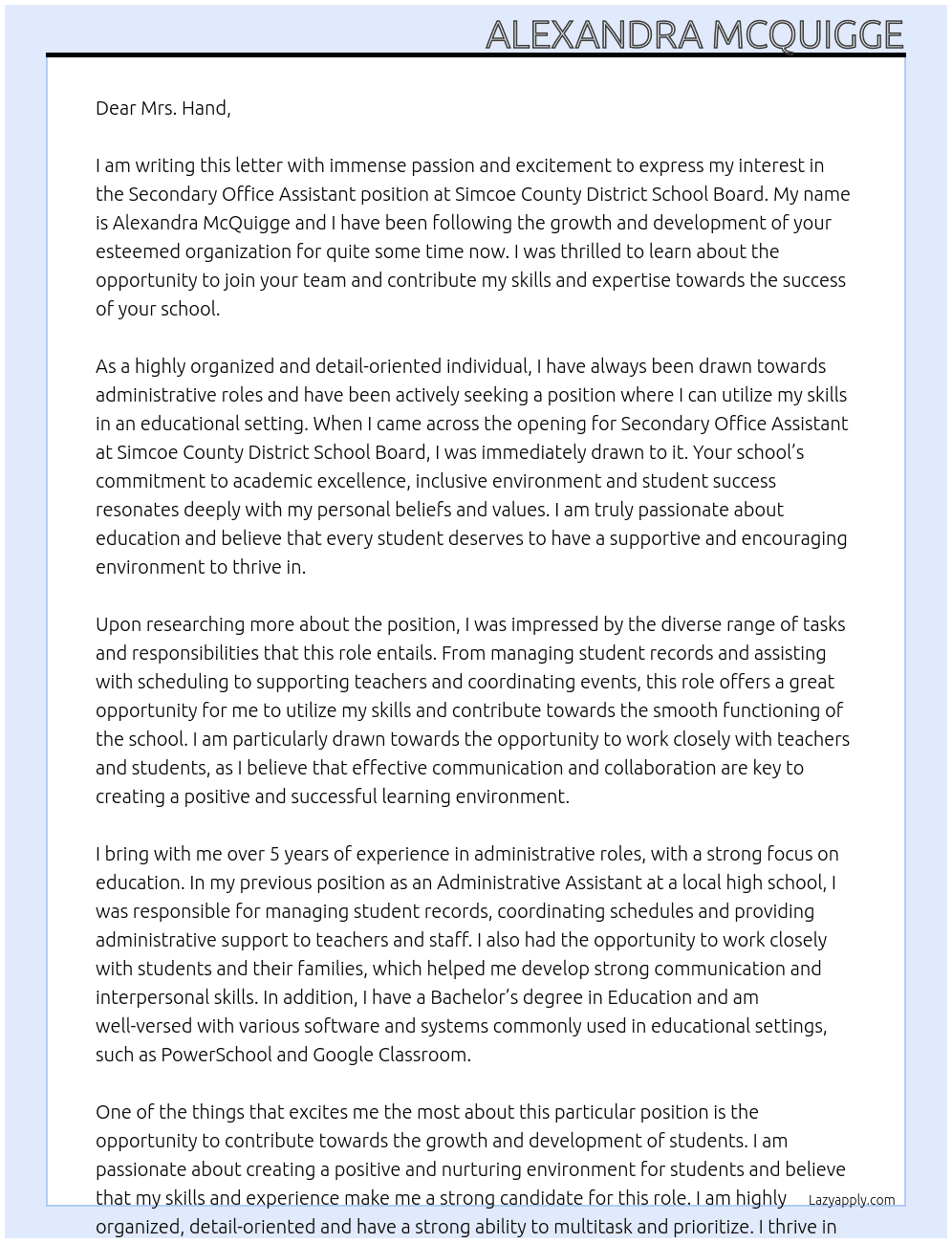 Secondary Office Assistant At Simcoe County District School Board Cover Letter