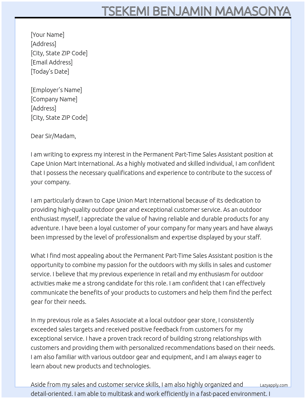 Permanent Part - Time Sales Assistant At Cape Union Mart International  Cover Letter
