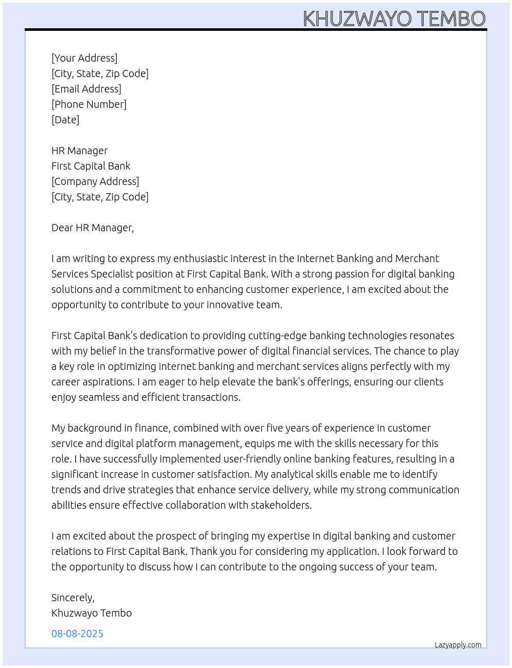 internet banking and merchant services specialist At First Capital Bank Cover Letter