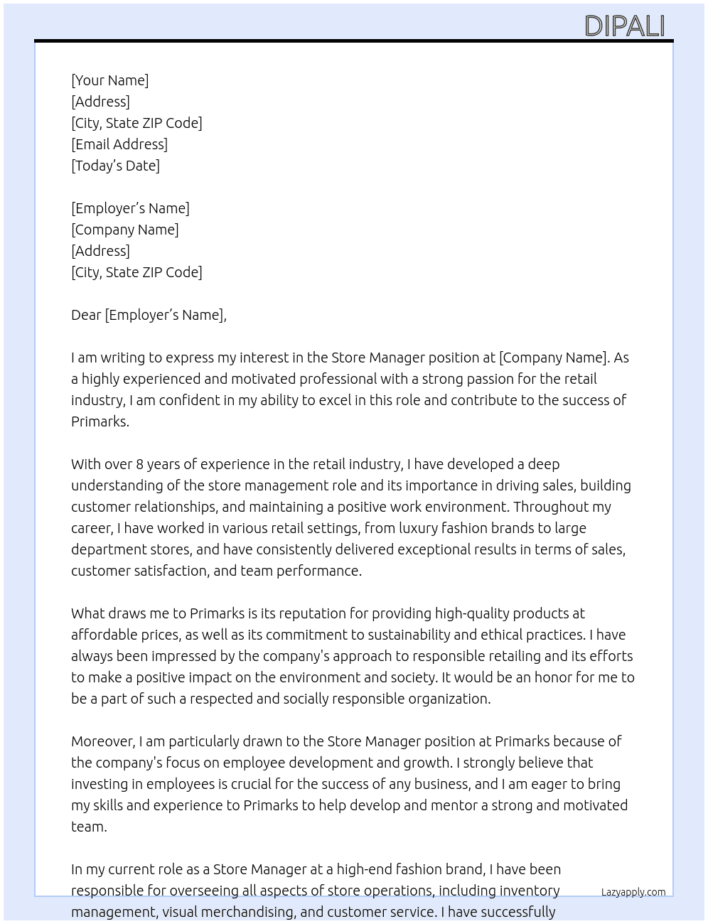 Store manager  At Primarks Cover Letter