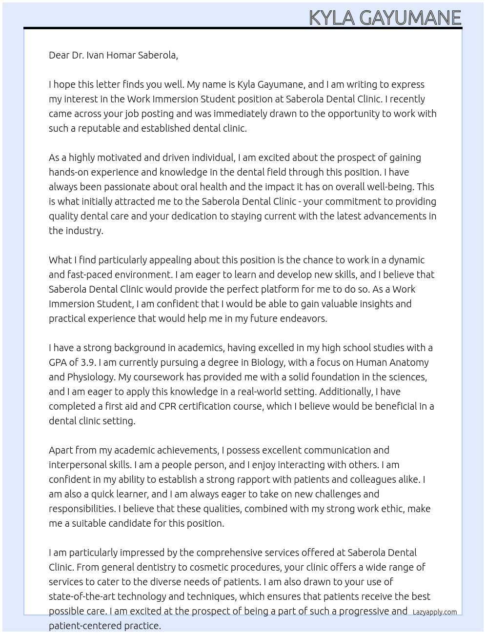 Work immersion Student  At Saberola Dental clinic  Cover Letter