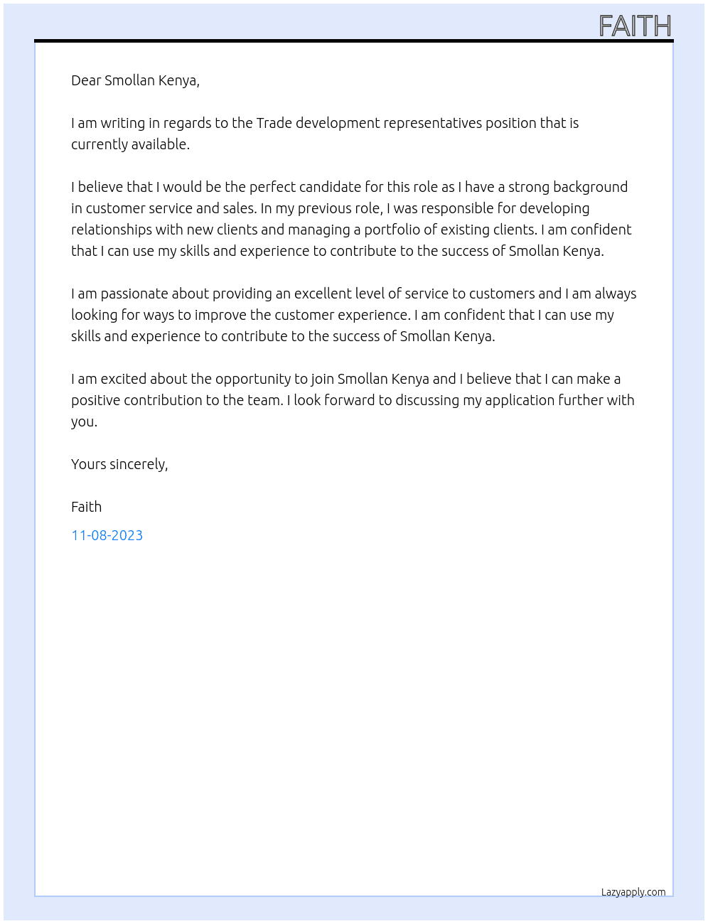 Trade development representatives  At Smollan Kenya Cover Letter