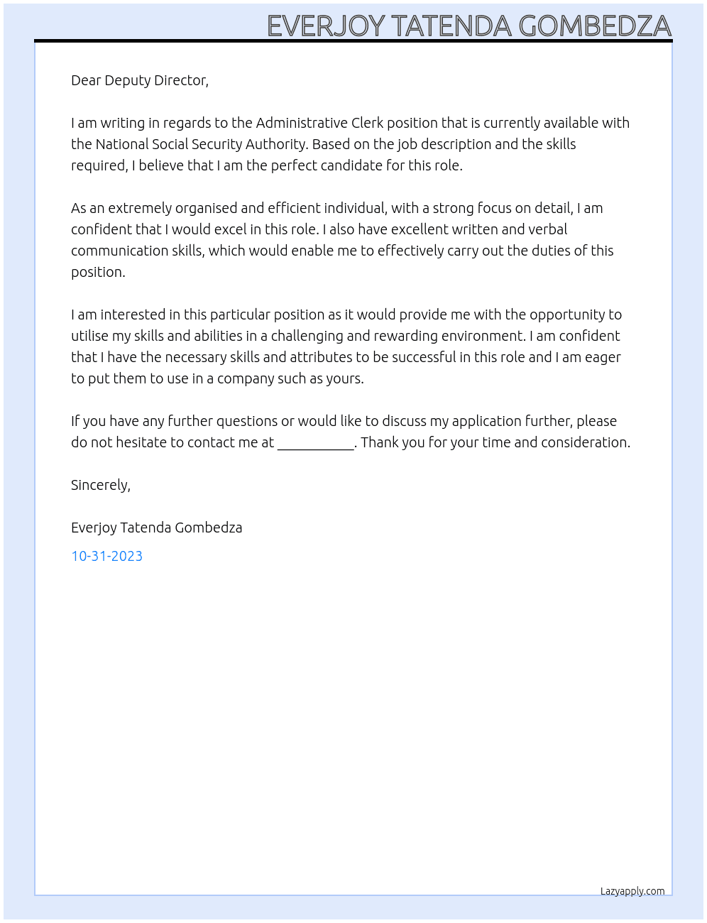 Administrative clerk At National Social Security Authority Cover Letter