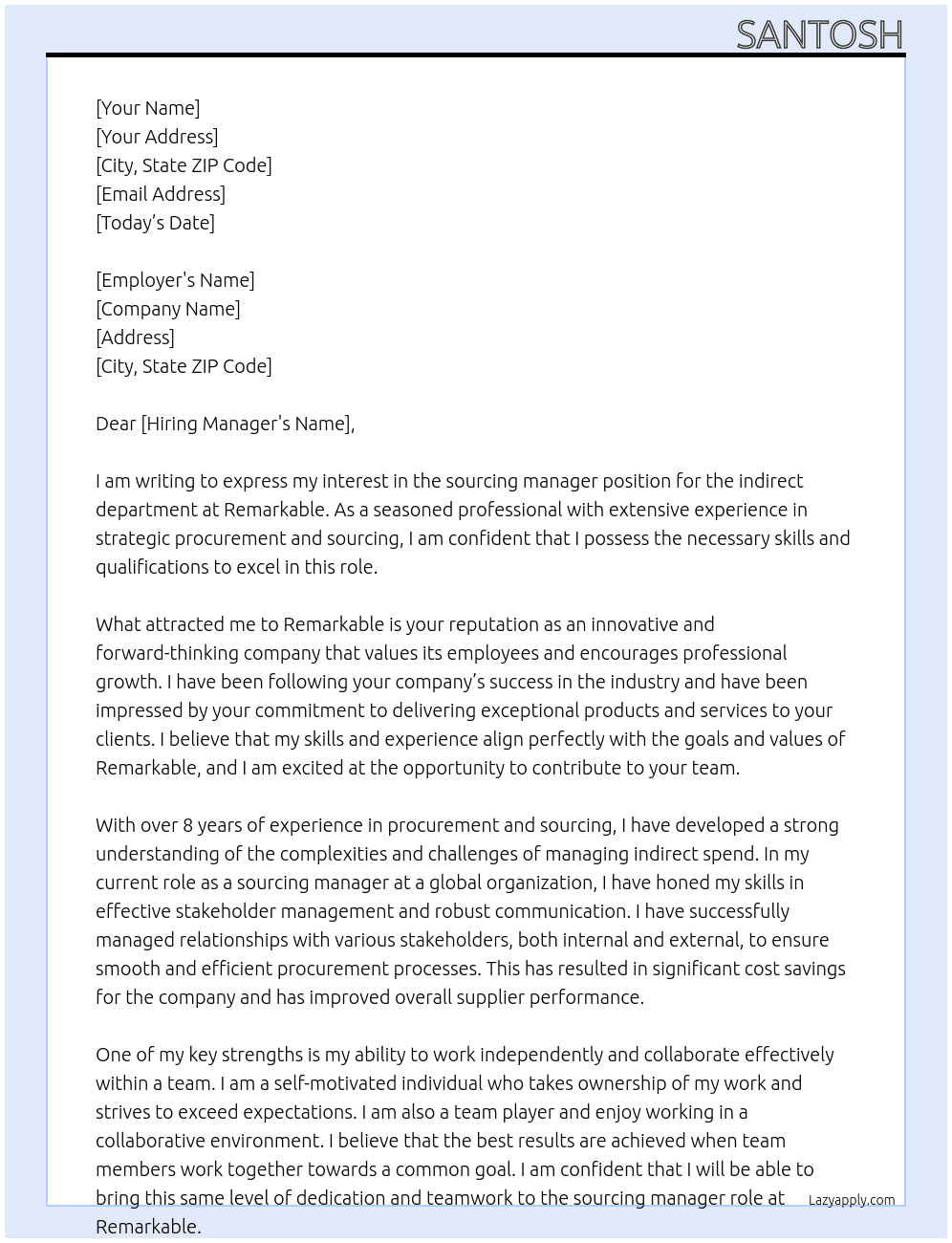 sourcing manager - indirect At Remarkable Cover Letter