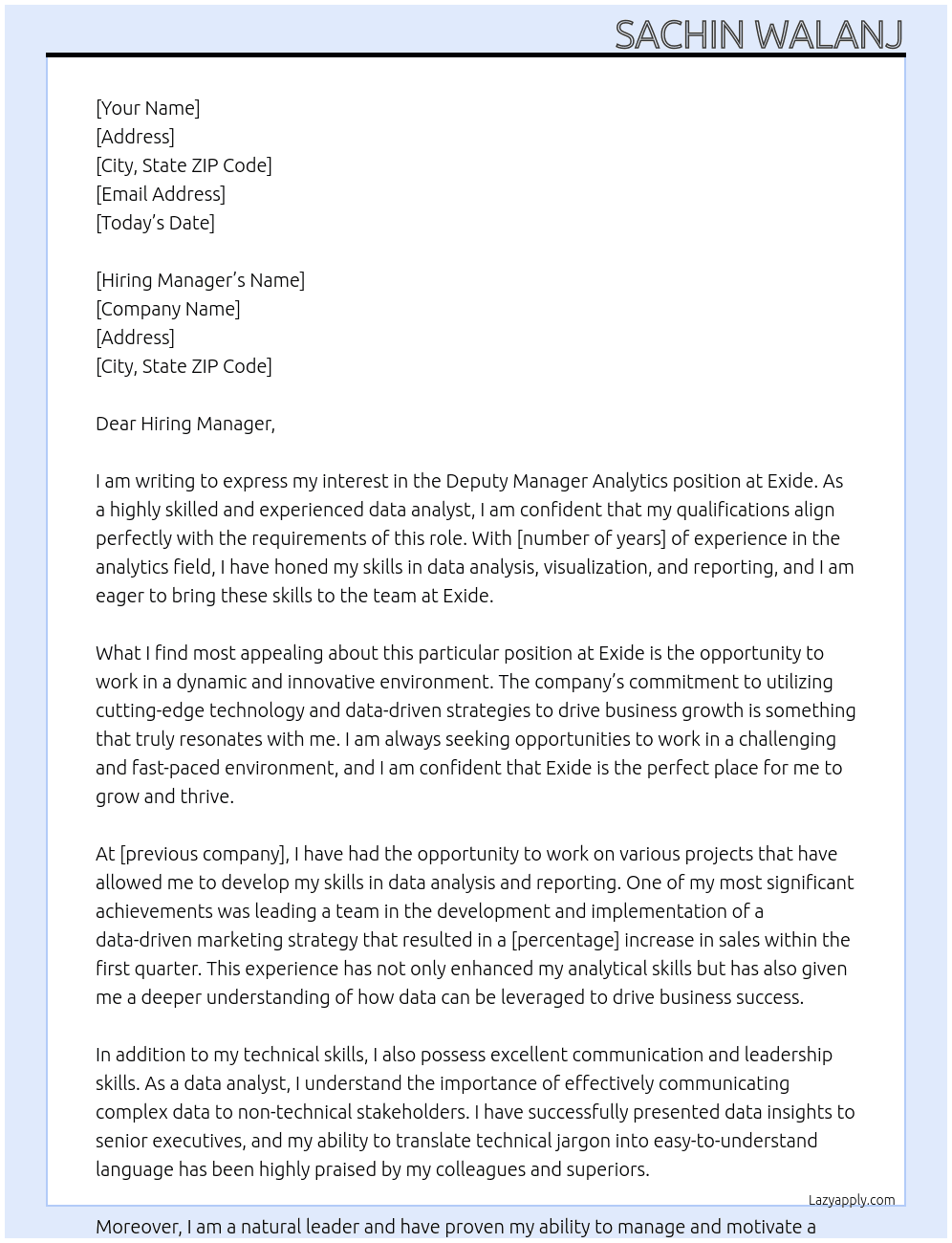 Cover letter for deputy manager analytics - LazyApply