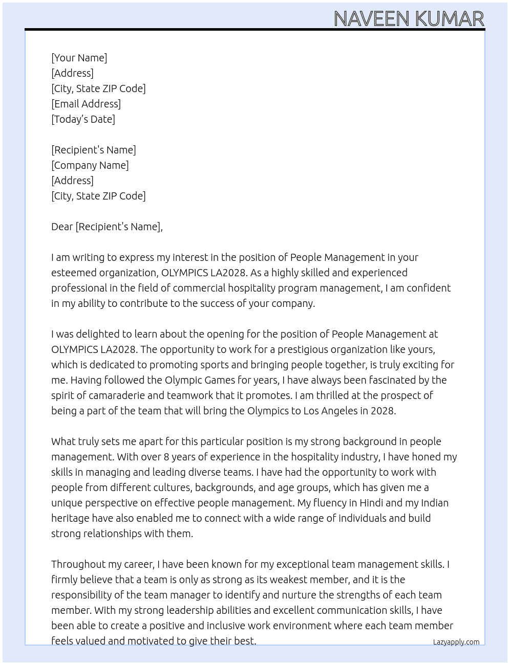 PEOPLE MANAGEMENT At OLYMPICS LA2028 Cover Letter