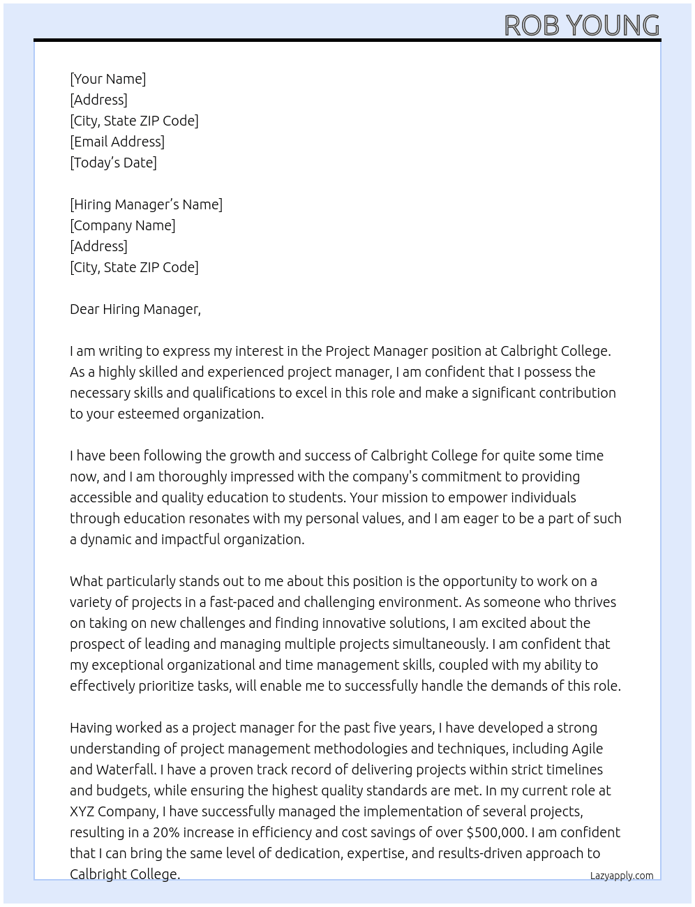 Project Manager At Calbright College Cover Letter