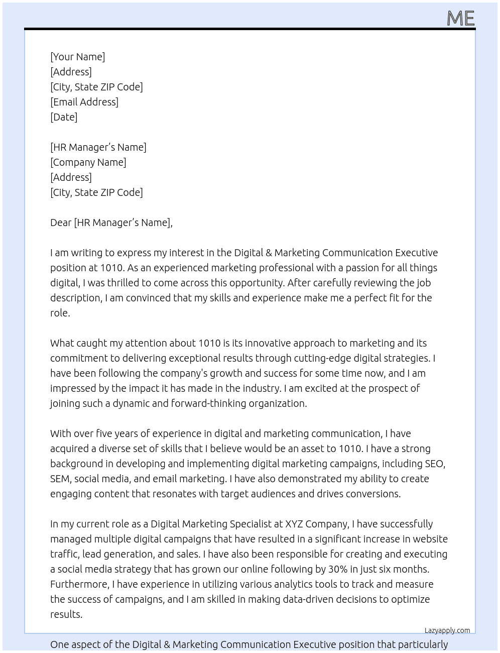 Digital & Marketing Communication Executive At 1010 Cover Letter