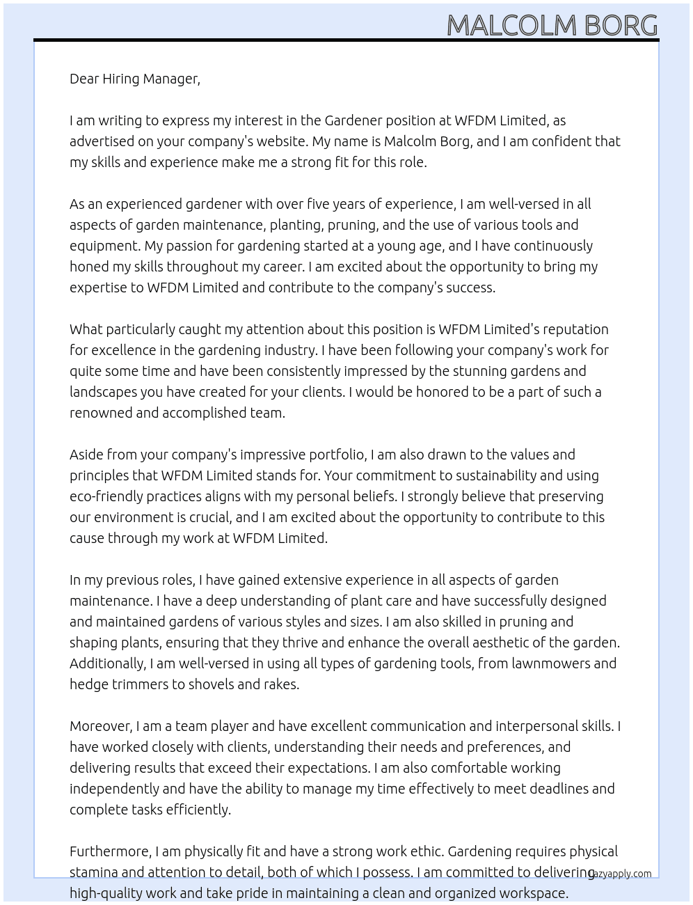 Gardener  At WFDM limited Cover Letter