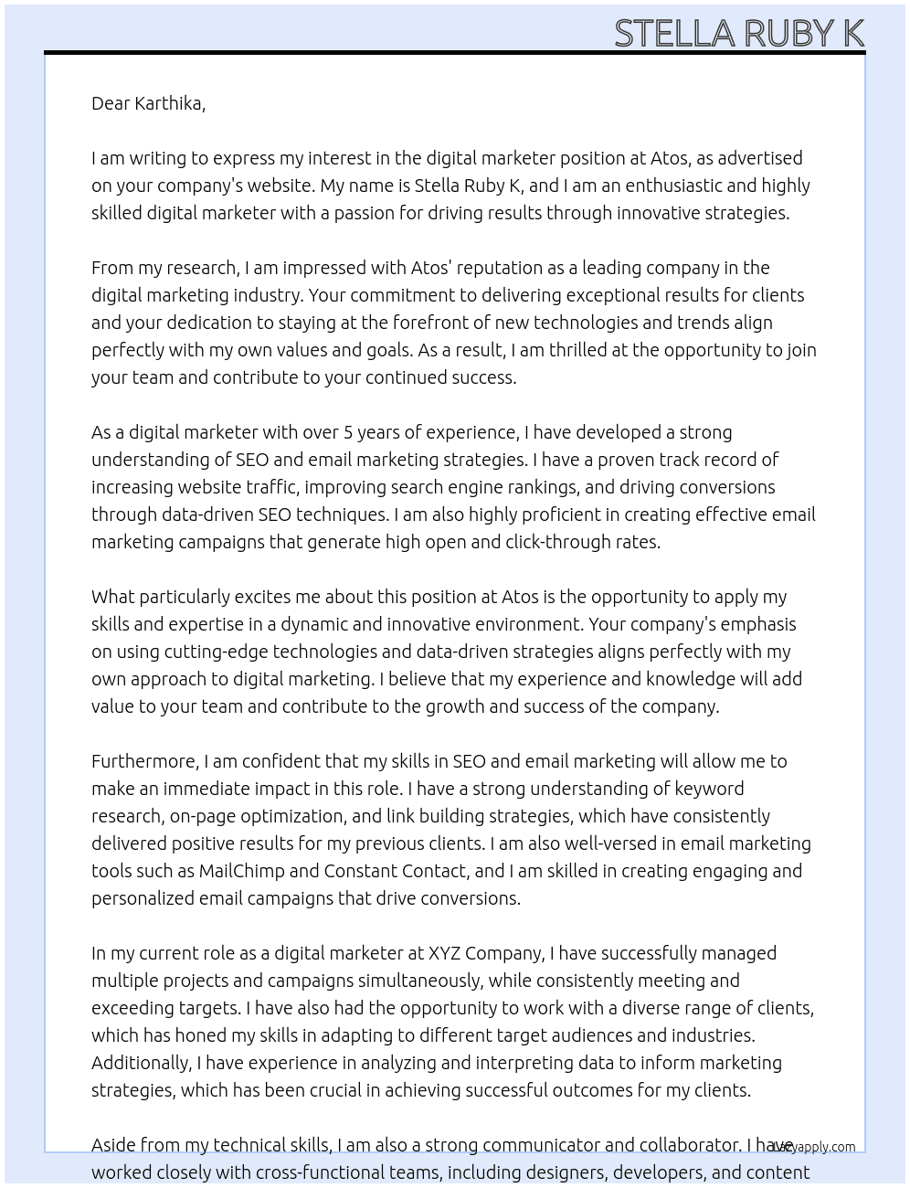 digital marketer At Atos Cover Letter