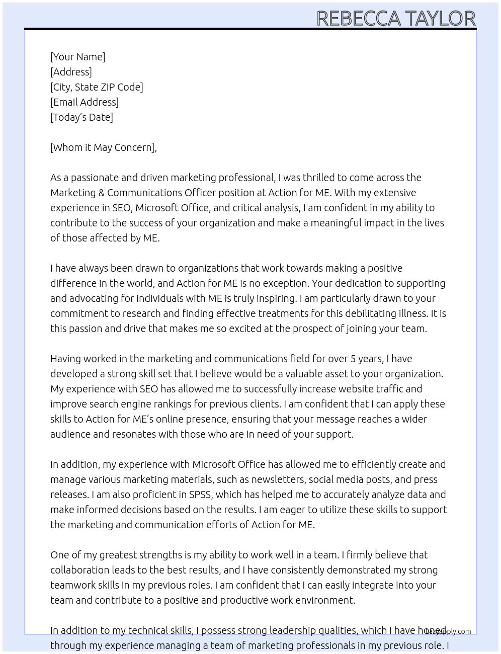 Marketing & Communications Officer At Action for ME Cover Letter