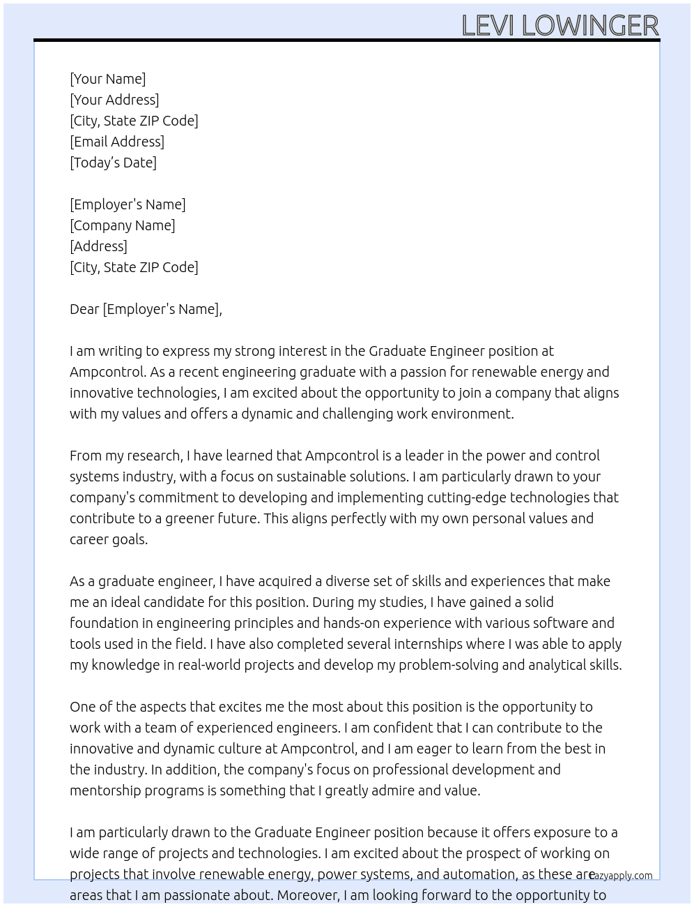 graduate engineer At Ampcontrol Cover Letter
