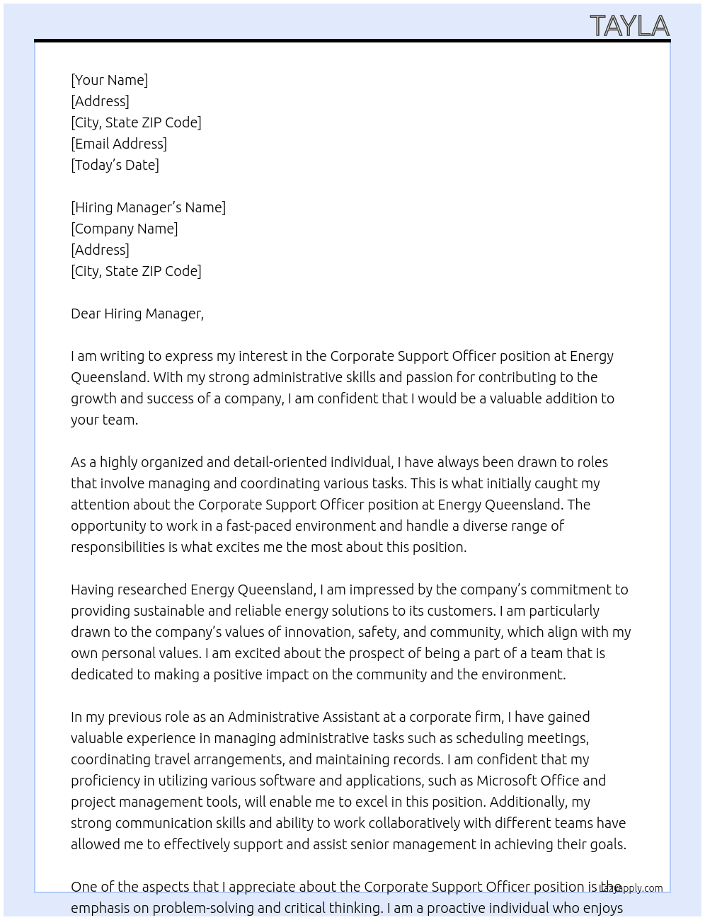 Corporate Support Officer At Energy Queensland Cover Letter