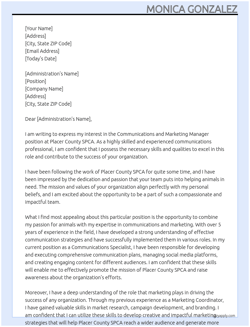 Communications and Marketing Manager At Placer County SPCA  Cover Letter