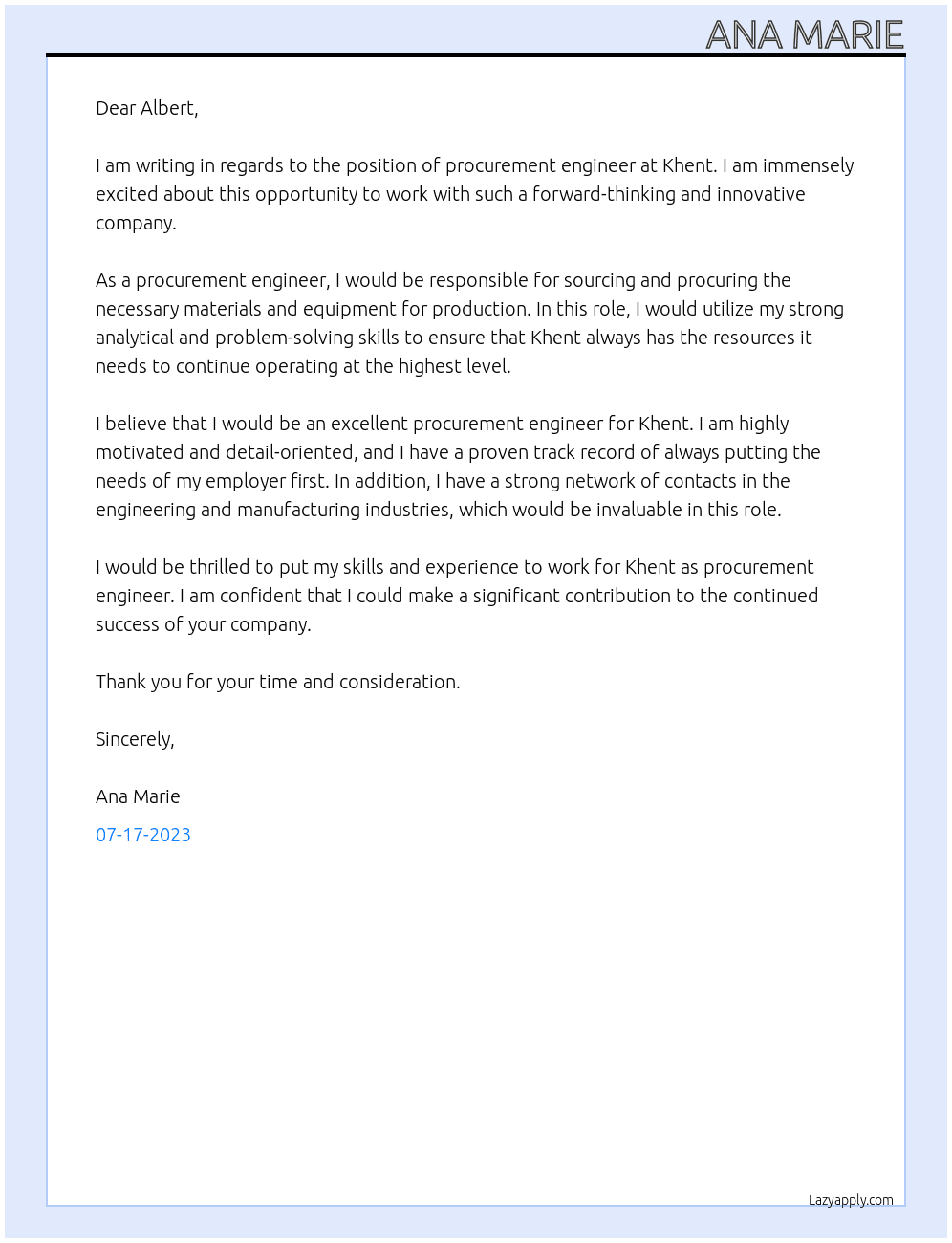 Procurement engineer At Khent Cover Letter
