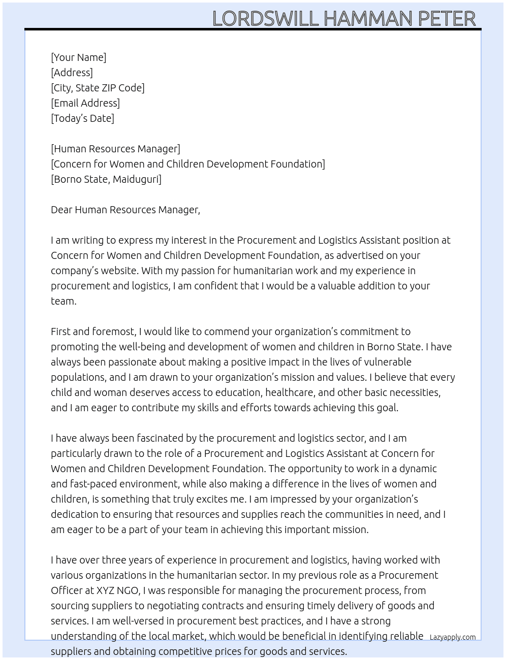 Procurement and logistics assistant  At Concern for women and children development foundation  Cover Letter