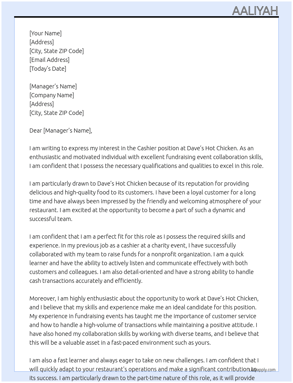 chasier At daves hot chicken  Cover Letter