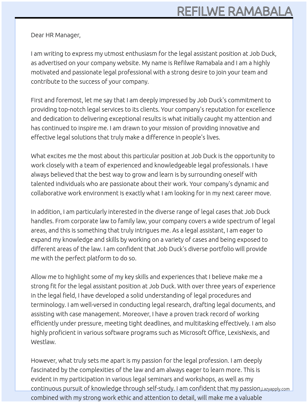 legal assistant At job duck Cover Letter