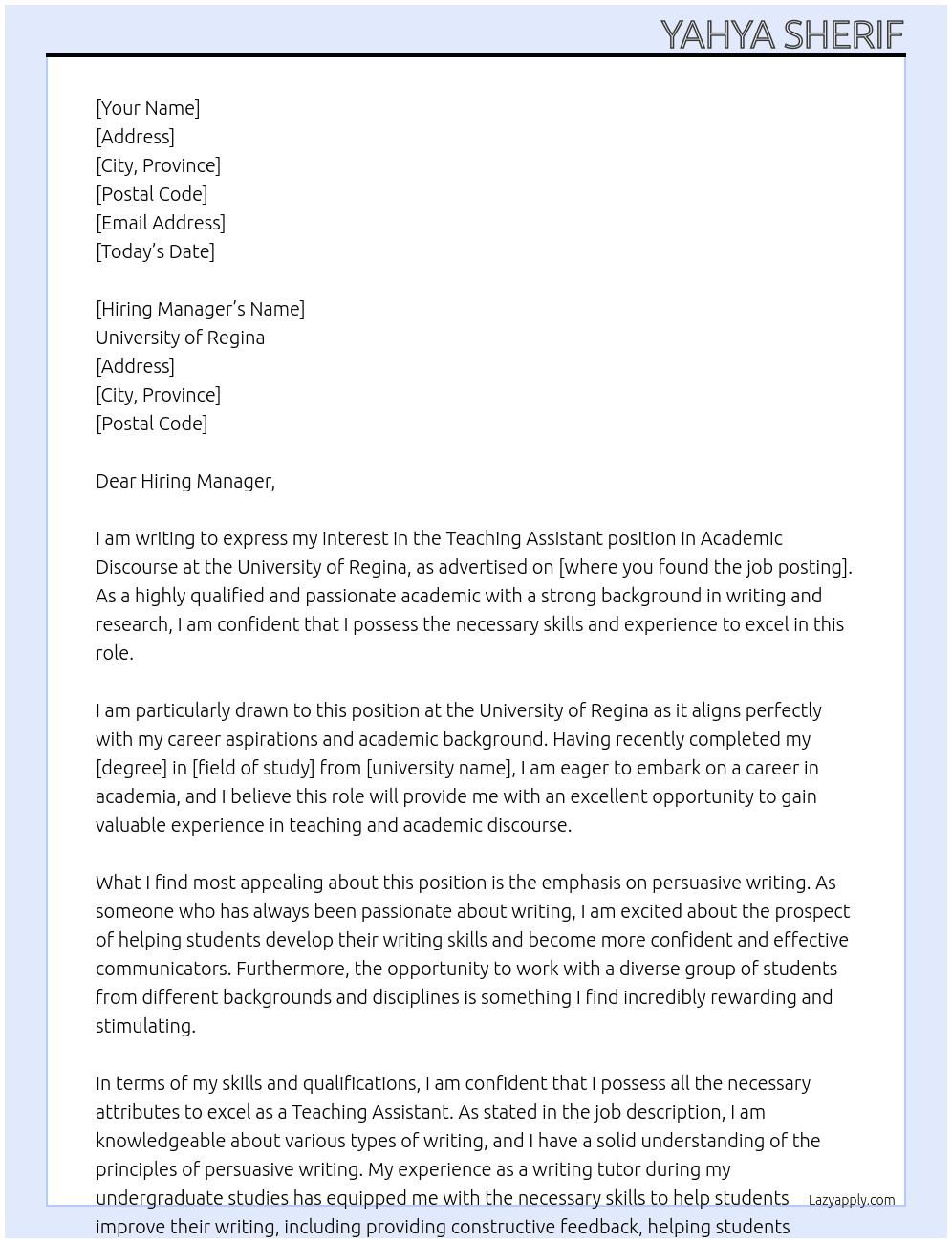 Cover letter for teaching assistant in academic discourse - LazyApply