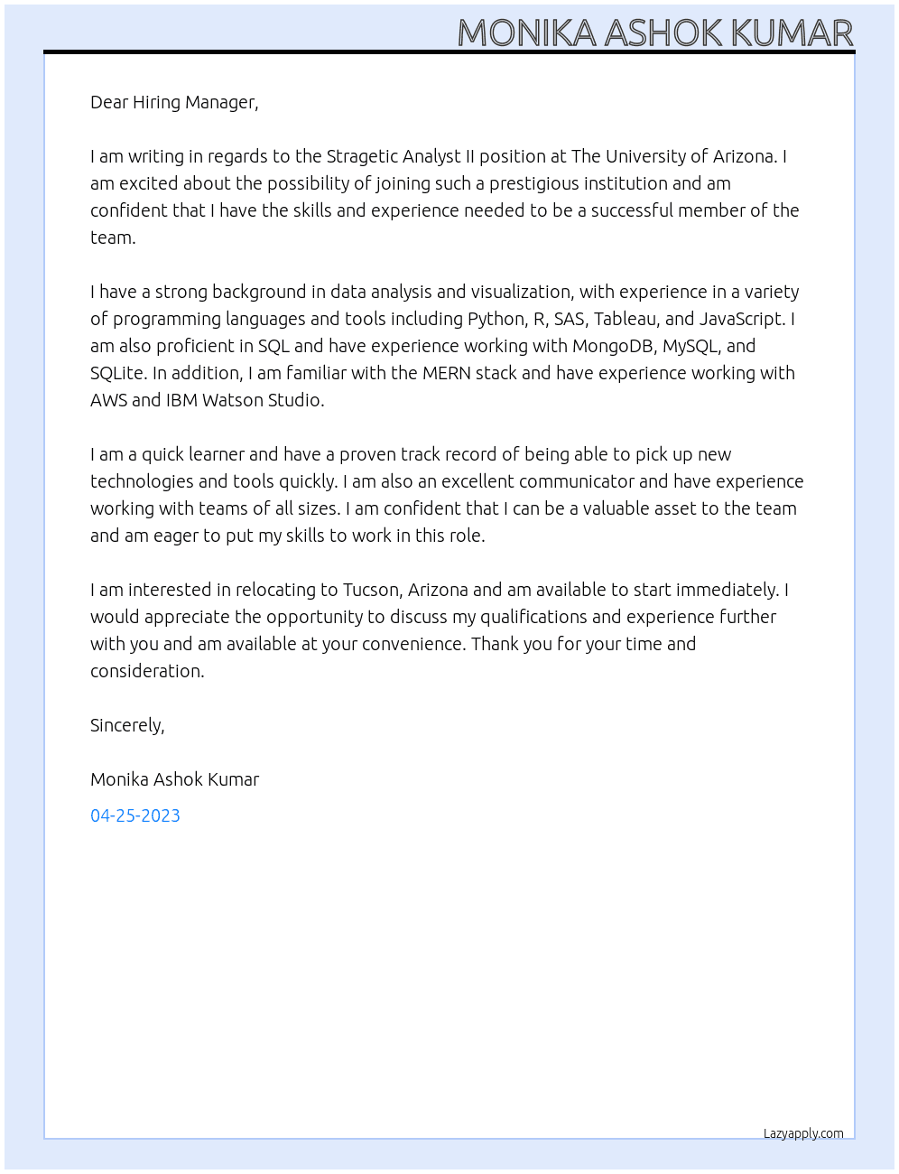 Stragetic Analyst II At The University of Arizona Cover Letter
