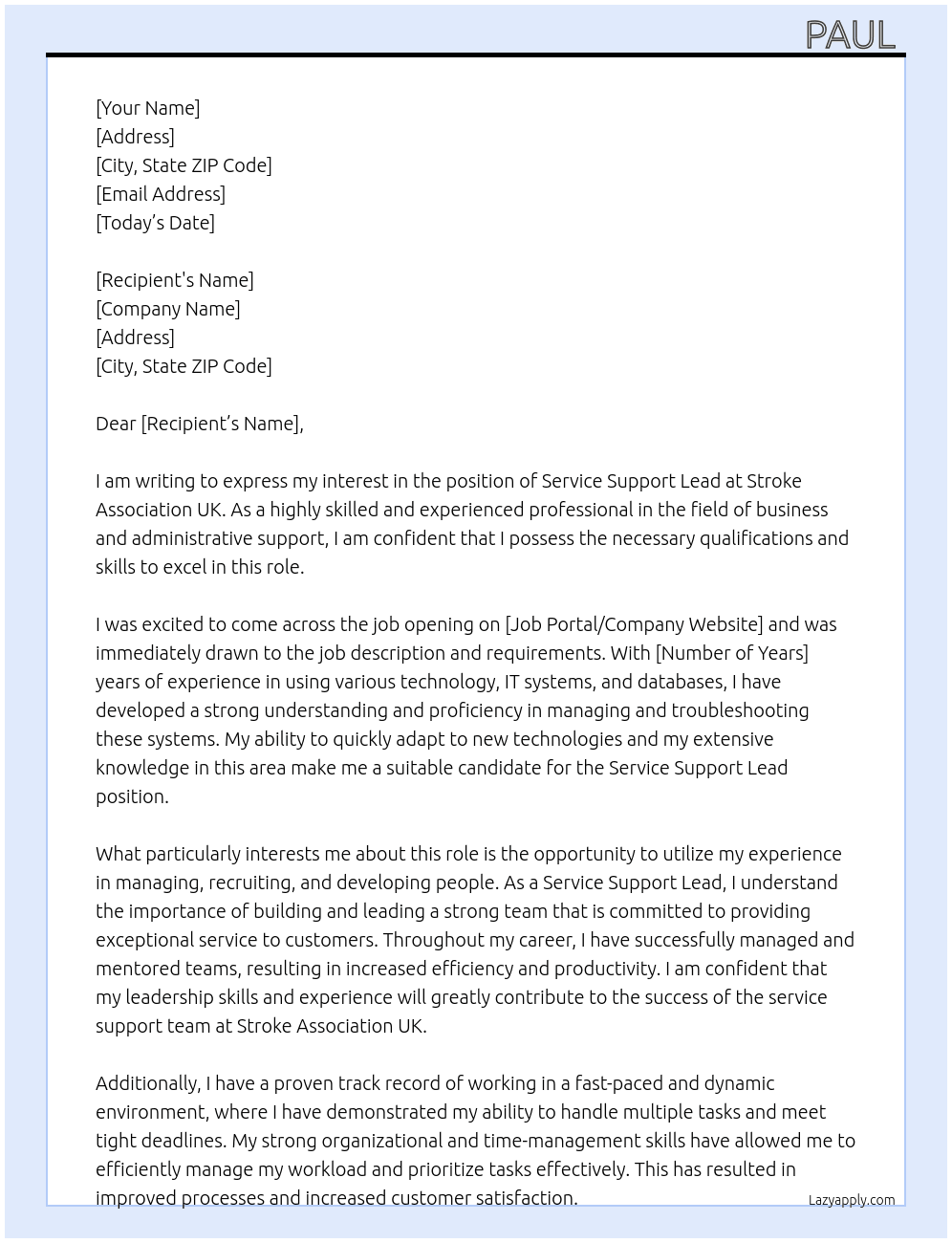 Service Support Lead At Stroke Association UK Cover Letter