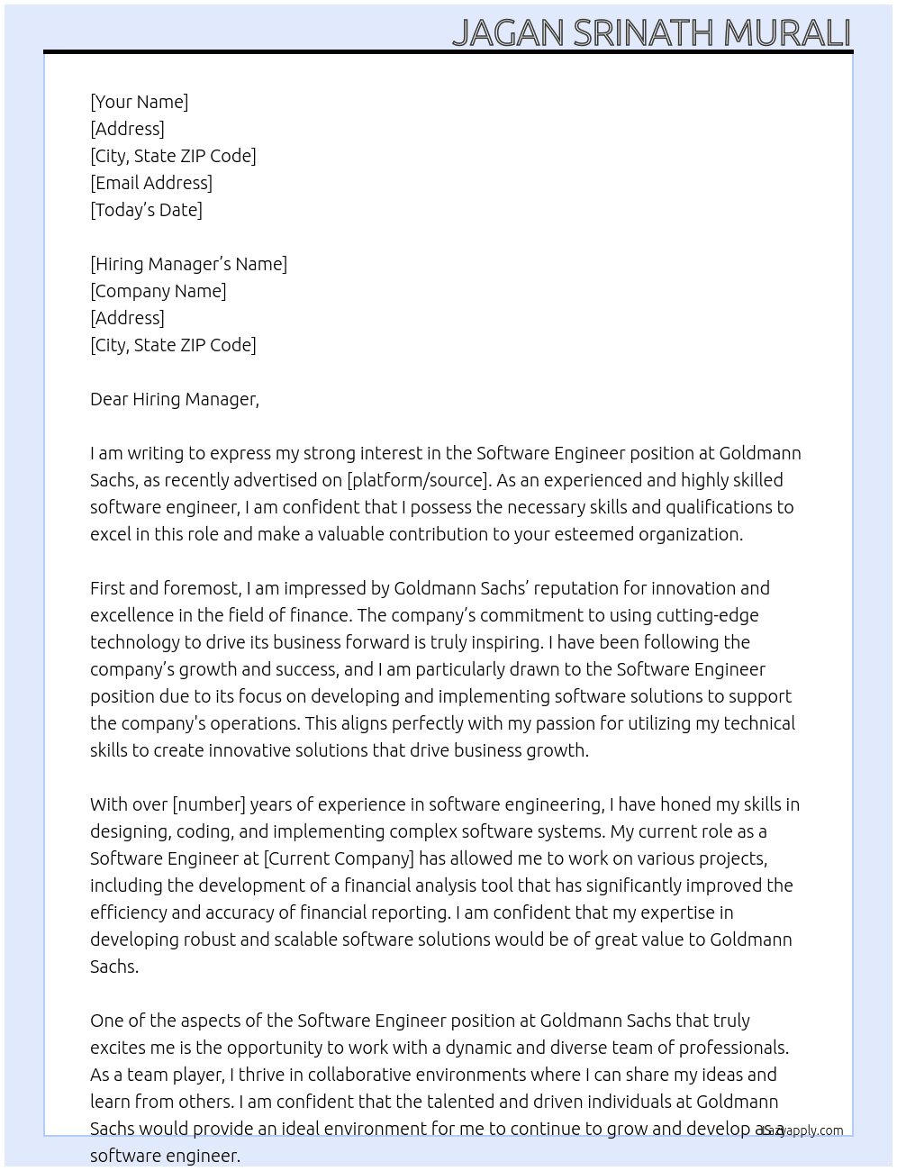 Software Engineer At Goldmann Sachs Cover Letter