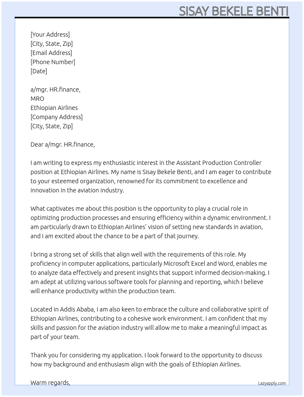 Assistant Production Controller At Ethiopian airlines Cover Letter