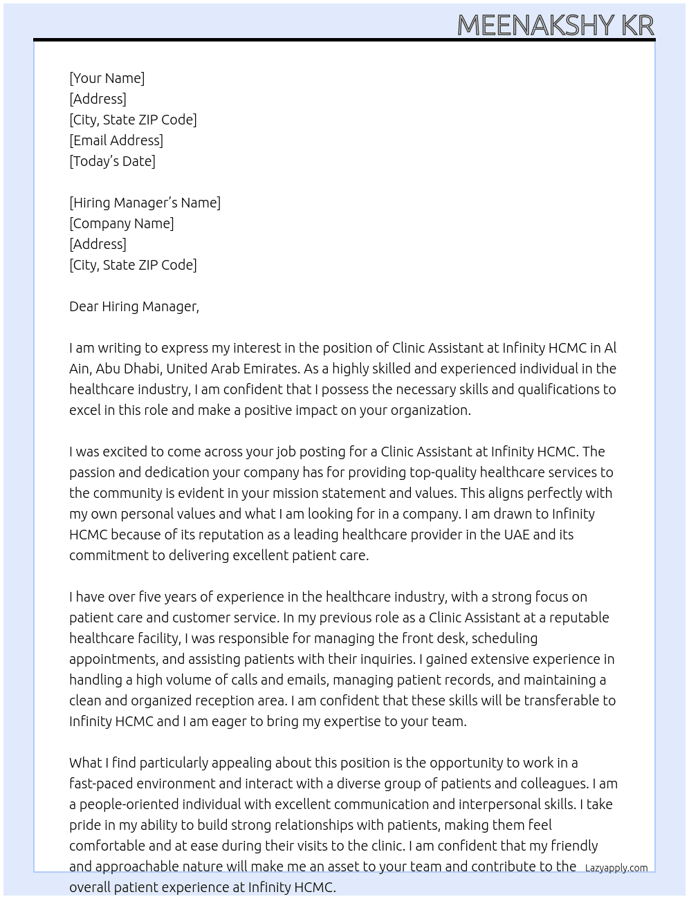 clinic assistant At Infinity HCMC Cover Letter