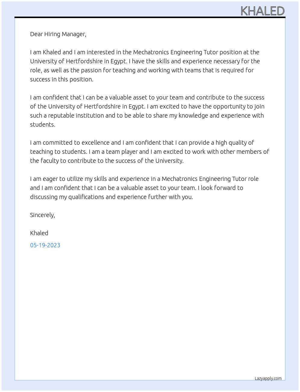 Mechatronics Engineering Tutor At University of Hertfordshire in Egypt Cover Letter
