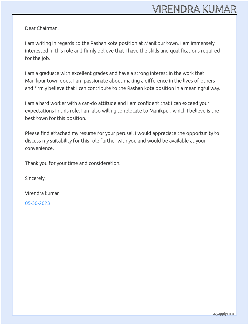 Rashan kota At Manikpur town Cover Letter