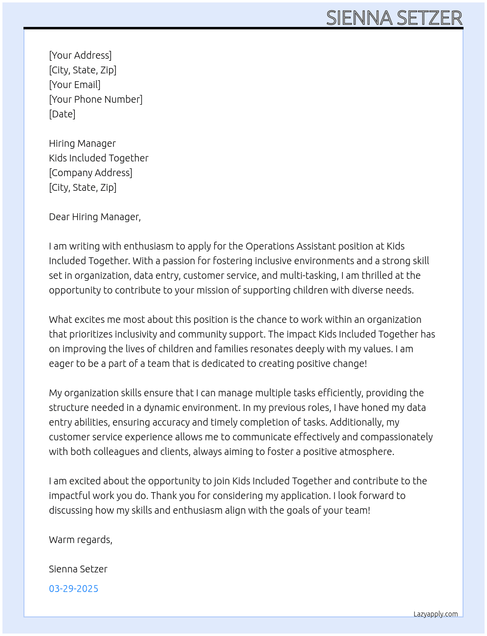 Operations Assistant  At Kids Included Together  Cover Letter