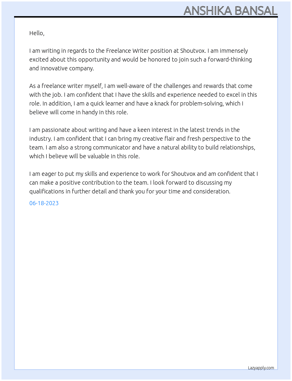 Freelance Writer At at Shoutvox Cover Letter