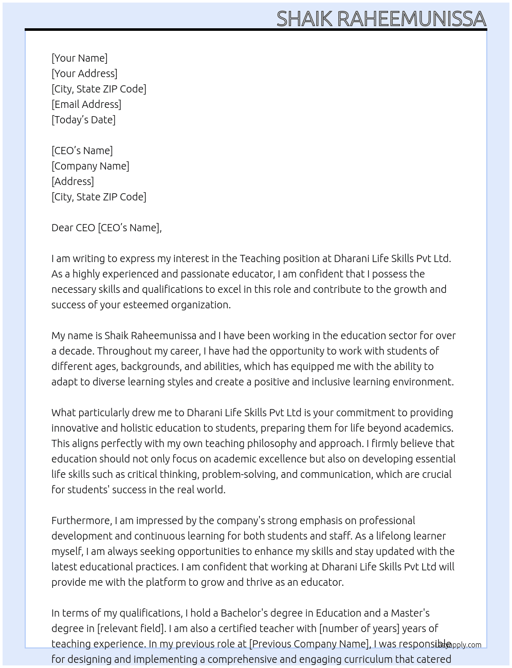 Teaching  At Dharani life skills pvt ltd Cover Letter