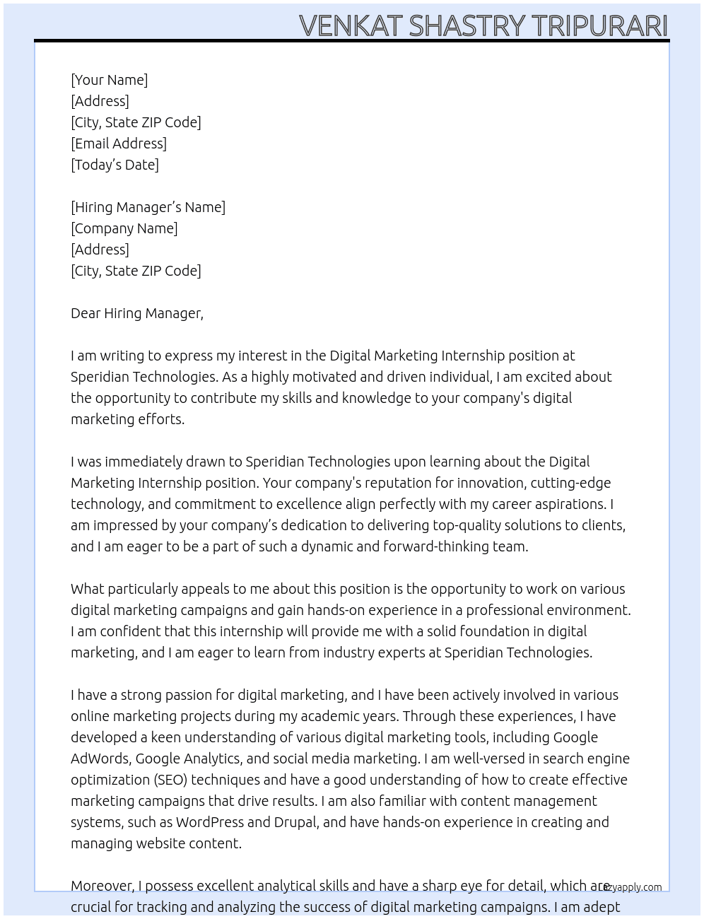 Digital Marketing Internship At Speridian Technologies Cover Letter