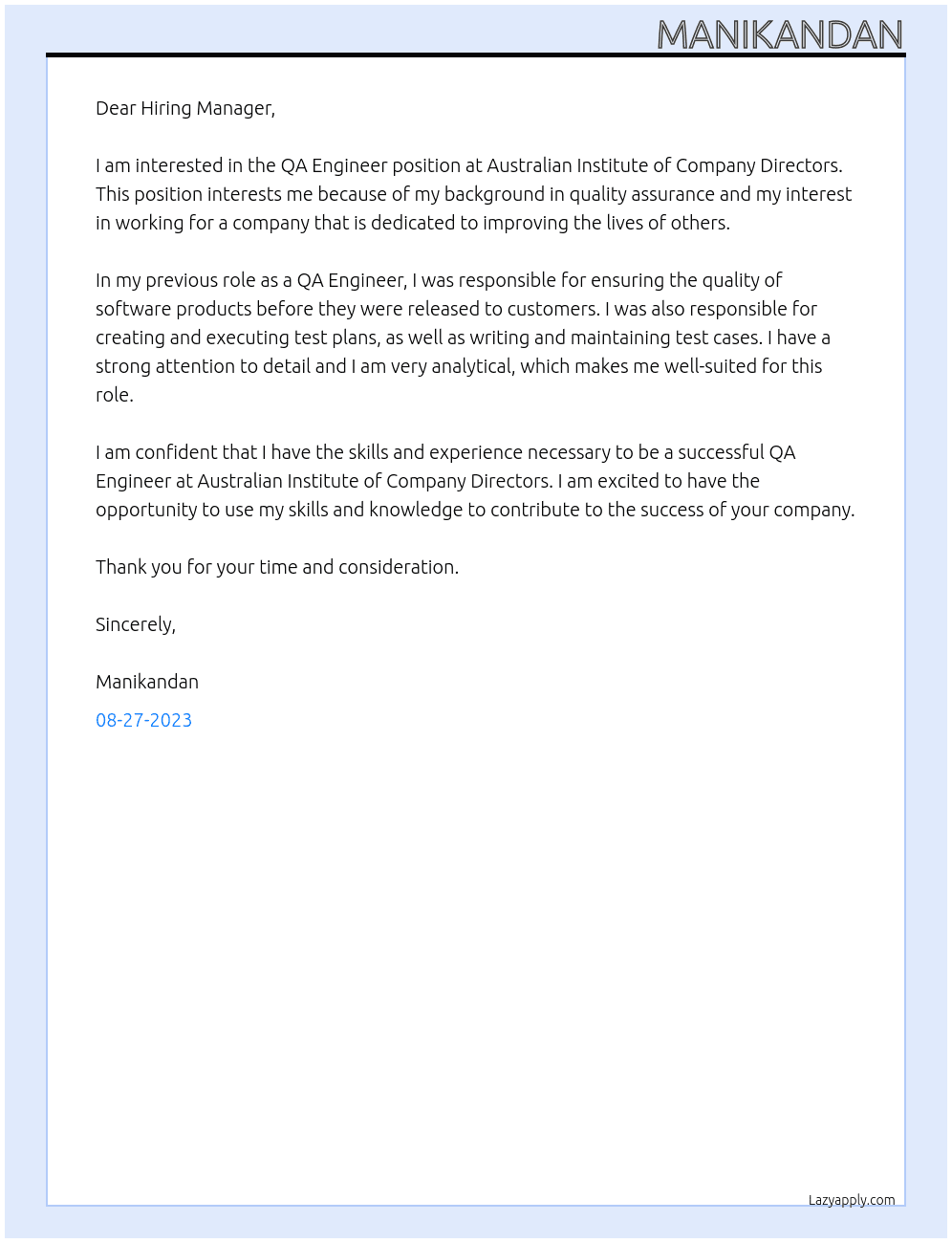 QA Engineer At Australian Institute of Company Directors Cover Letter