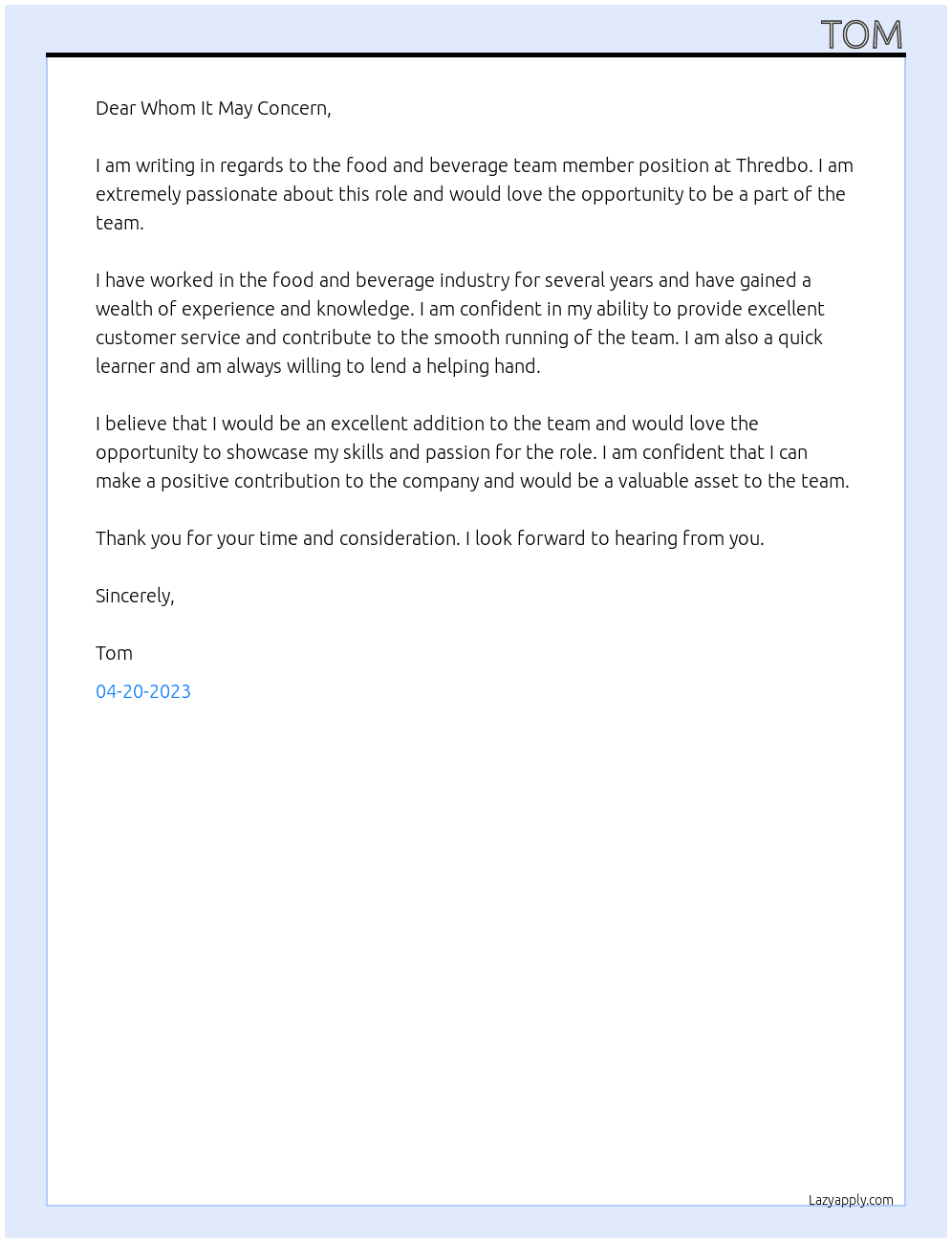Food and Beverage team member At Thredbo Cover Letter